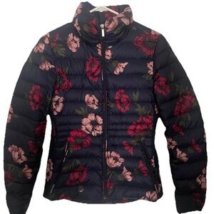 Lands End Quilted Floral Puffer Jacket Womens XS Extra Small Navy Coat